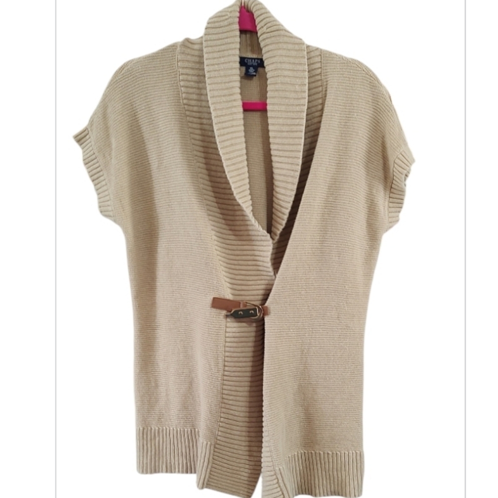 Chaps Beige Short Sleeve Shawl Collar Cardigan with Buckle